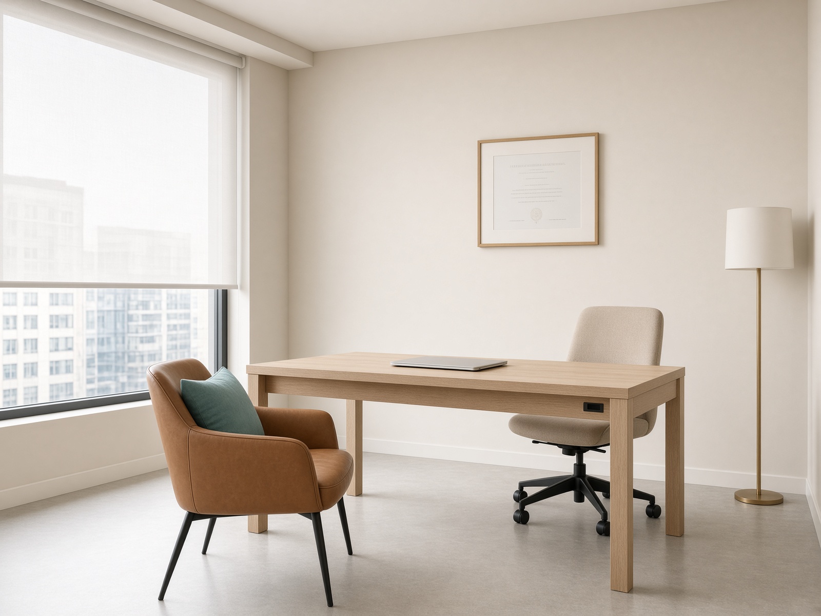 A professional consulting room with a desk, chairs and daylight